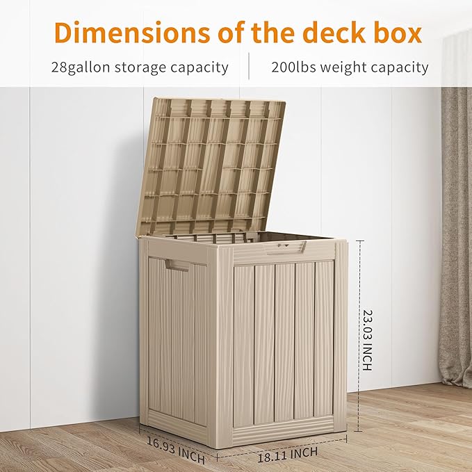 28 Gallon Deck Box Large Outdoor Storage for Patio Furniture,Outdoor Cushions,Garden Tools and Pool Supplies,Waterproof,Resin,Lockable(Grey)-Ruum Studio Home