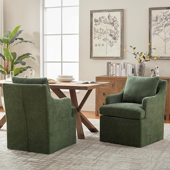 VKNOW Upholstered Dining Chairs, Modern Kitchen Chairs Dinner Chairs with 4 Casters, Linen Armchair for Bedroom Reading Room Living Room, Green-Ruum Studio Home