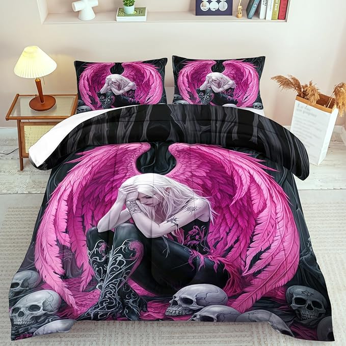 Gothic Skull Comforter Set King for Adults,Angel Wings Bedding Set Pink for Girls,Sexy Angel Comforter Bedroom Decor Teen,Gothic Skull Bedding Decor Pink Wings Quilt-Ruum Studio Home