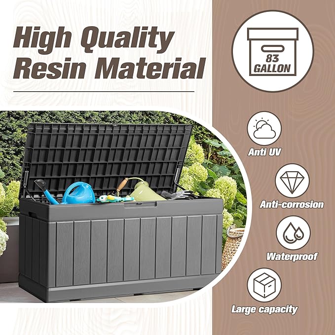 JUMMICO 83 Gallon Outdoor Deck Box Large Resin Storage Box for Patio Furniture Cushions, and Garden Tools (Gray)-Ruum Studio Home