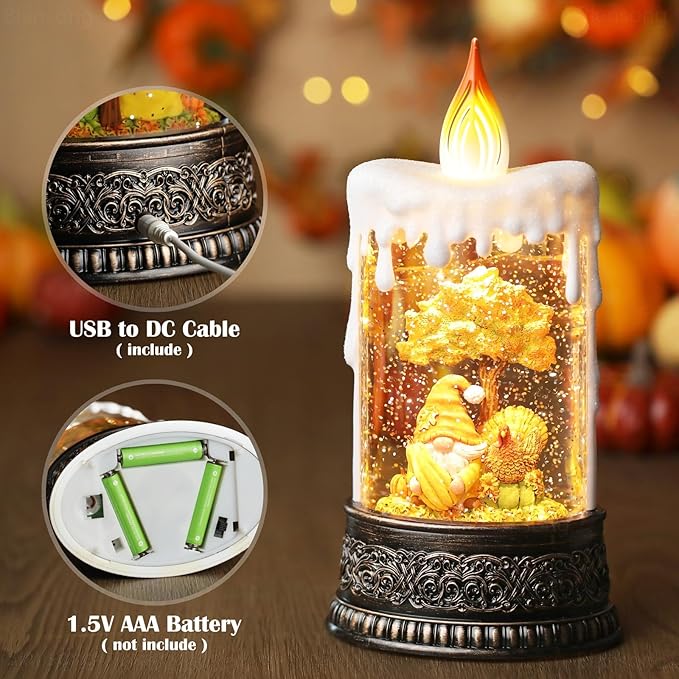 Fall Snow Globe Candle Fall Decorations for Home with Timer Gnome Turkey Pumpkin Autumn Harvest Fall Decor Indoor 9.7 inch-Ruum Studio Home