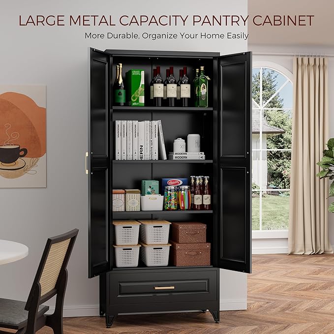 75" Kitchen Pantry Cabinet with Drawer, Metal Storage Cabinets with Doors and Adjustable Shelves, Black Tall Pantry Cabinet for Dinning Living Room, Home Office-Ruum Studio Home