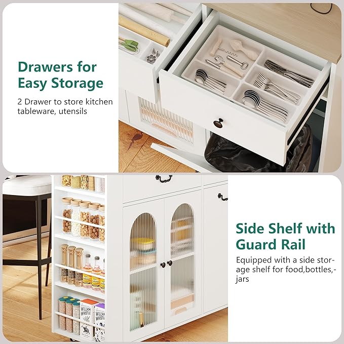 Kitchen Island with Drop Leaf & Power Outlet, Rolling Kitchen Island on Wheels with Trash Can Storage, Island Table Bar Cart with Spice Rack, Towel Rack, Drawers, Mobile Kitchen Carts on Wheels-Ruum Studio Home