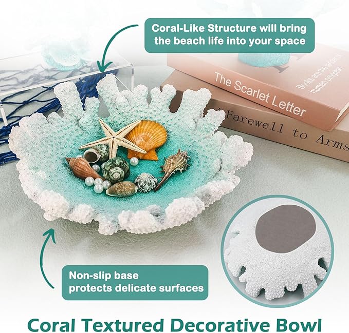 Turquoise Coral Textured Decorative Bowl,9.45" Medium Resin Decorative Centerpiece Bowl for Coastal Beach theme house table centerpiece decorations & Nautical decorations for coffee table-Ruum Studio Home