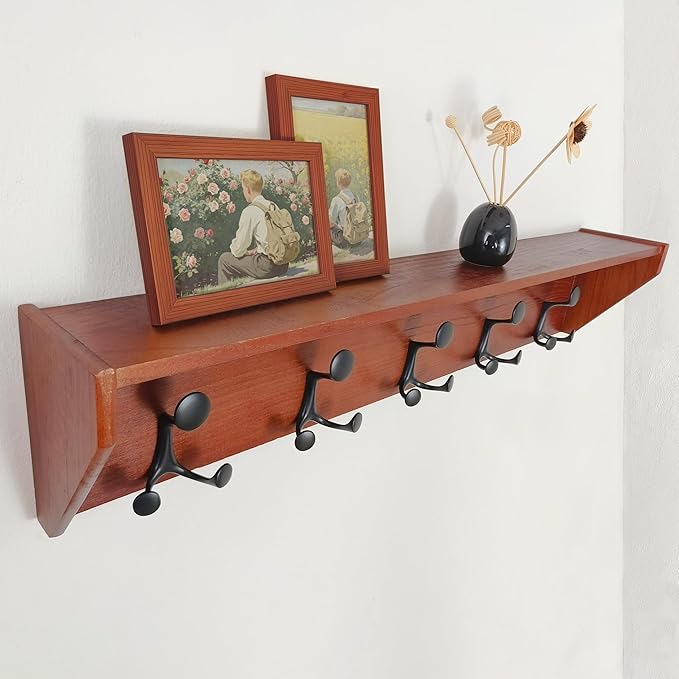 SKOLOO Wall Shelf with Hooks, 35-Inch Cherry Coat Rack Wall Mount with Shelf Organizer - Lightweight & Sturdy, 5 Tri Hooks - Perfect for Entryway, Hallway, Living Room, Bedroom, Mudroom-Ruum Studio Home