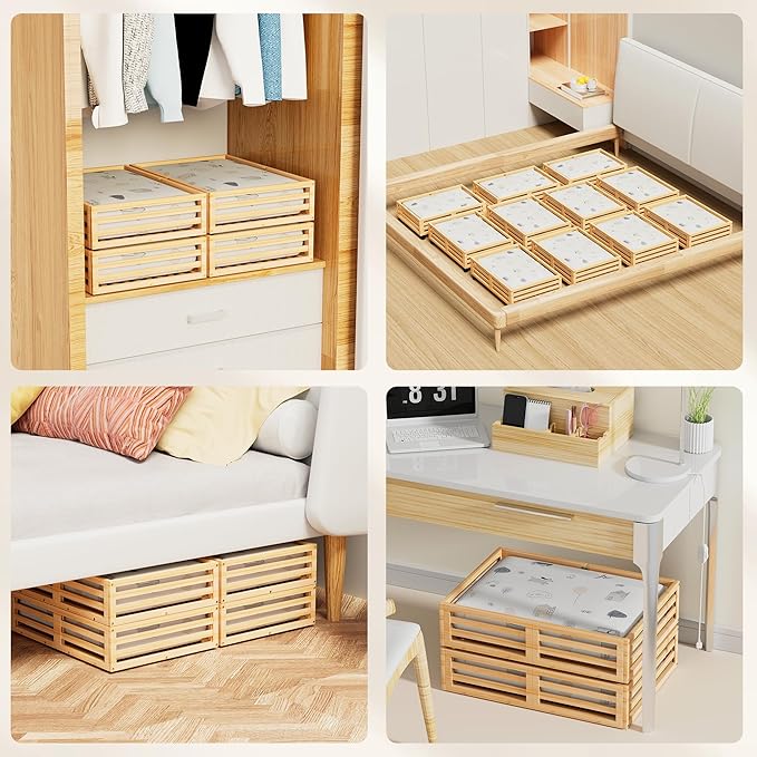 Under Bed Storage with Wheels-Large Bamboo Underbed storage Containers with Large Dust Bag Stackable Under the Bed Shoe Storage Bins for Clothes Books Bedding (2 Packs Nature, 23.62"L×16.54"W× 6.51"H)-Ruum Studio Home