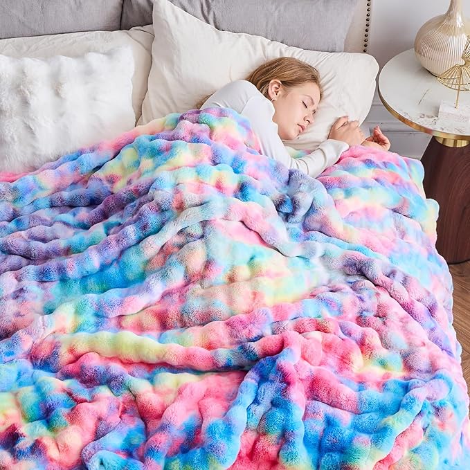 NEWCOSPLAY Faux Fur Throw Blanket Dark Rainbow Luxury Fluffy Thick Warm Bubble Blanket for Couch Sofa Bed 700GSM (Dark Rainbow, Throw(50"x60"))-Ruum Studio Home