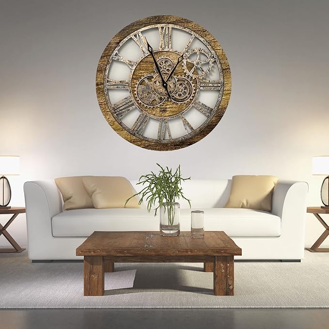 The Gears Clock The Original Real Moving Gear Wall Clock Vintage Industrial Oversized Rustic Farmhouse (24 inch (60cm),Gold Antique)-Ruum Studio Home