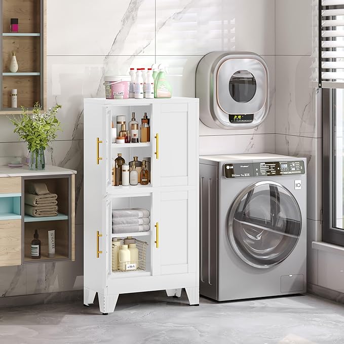 47.25" Metal Pantry Cabinet, Storage Cabinets with 4 Door and 2 Adjustable Shelves, White Bathroom Cabinet, Freestanding Cupboard for Kitchen Dining Living Room Bathroom-Ruum Studio Home