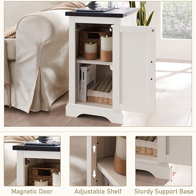 JXQTLINGMU Nightstand with Charging Station, Rectangular Farmhouse End Table with Barn Door and Adjustable Storage Shelf, 17" Deep Wood Rustic Sofa Side Table for Living Room, Bedroom, White-Ruum Studio Home