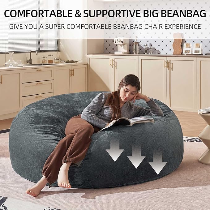 Bean Bag Chair 6Ft, Memory Foam Filled, Large Beanbag Chairs for Adults and Teens, Soft Sofa with Removable Flannel Cover, Round Couch for Living Room Bedroom College Dorm (Dark Gray, 6FT-67×67"×24")-Ruum Studio Home