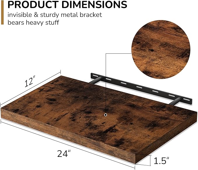 Fun Memories Floating Shelves - 2 Pack 12 Inch Deep Rustic Wooden Wall Shelves - Extra Deeper & Thicker Wall Mounted Storage Shelf for Living Room, Kitchen, Farmhouse - 24" W x 12" D x 1.5" H - Brown-Ruum Studio Home