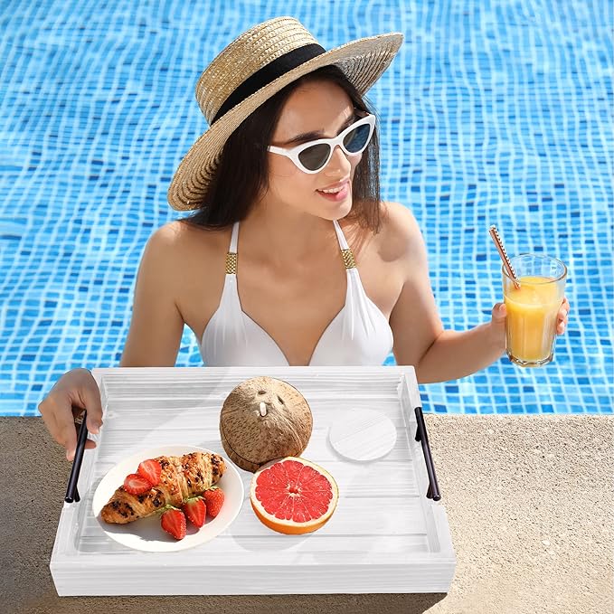 Ottoman Tray | Wooden Serving Tray with Handles & Coasters - 17x13 Inch, Rustic, White, Solid, Rectangular, Vintage, Lightweight-Ruum Studio Home