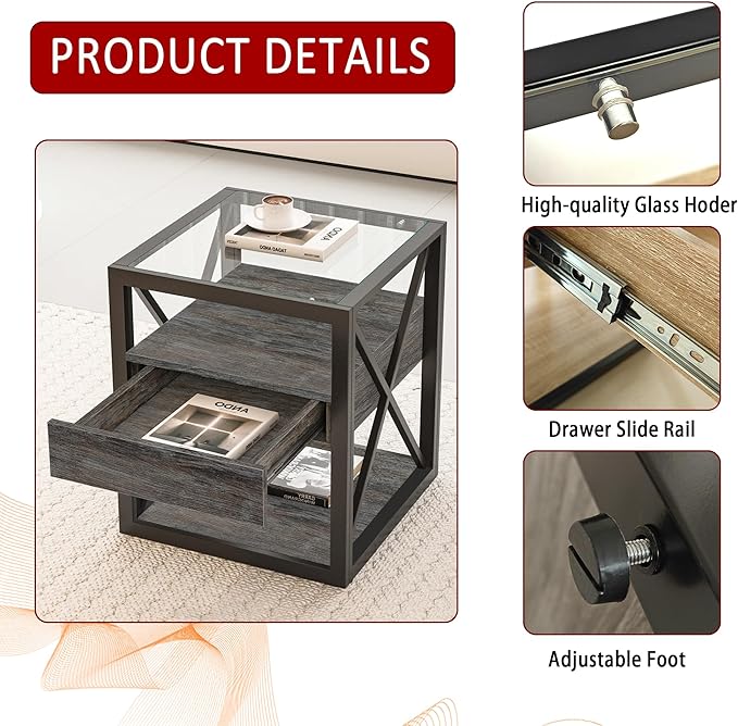 Farmhouse End Table, Modern Side Table with Drawer&3-Tier Storage Shelf, Square Rustic Nightstand, Accent Tea Table, for Bedroom Office Living Room, Grey, Natural Wood, Glass, Metal-Ruum Studio Home