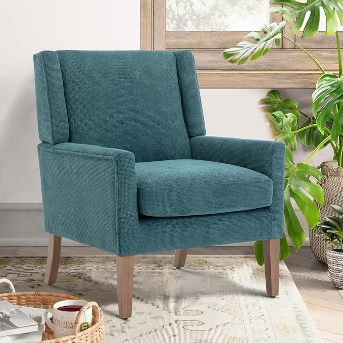 COLAMY Modern Wingback Living Room Chair, Upholstered Fabric Accent Armchair, Single Sofa Chair with Lounge Seat and Wood Legs for Bedroom/Office/Reading Spaces, Teal-Ruum Studio Home