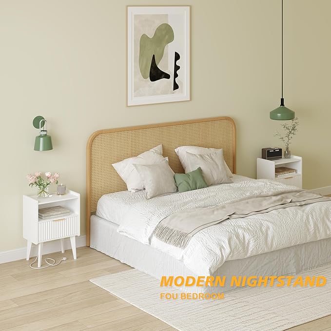 Fluted Nightstand with Charging Station, Modern Bedside Table with Drawer,White Nightstand with Solid Wood Legs, End Table,Side Table for Living Room,Bedroom White CTG57WE-Ruum Studio Home