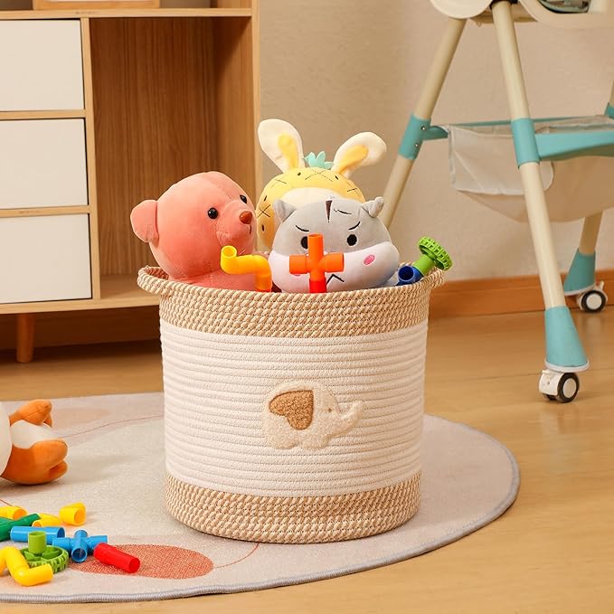 INough Toy Storage Baskets Woven Cotton Rope Storage Basket for Kids, Blanket Baskets for Living Room Toy Basket Box Toys Organizer with Embroidery Decor Cute Baskets for Nursery, Playroom (Elephant)-Ruum Studio Home