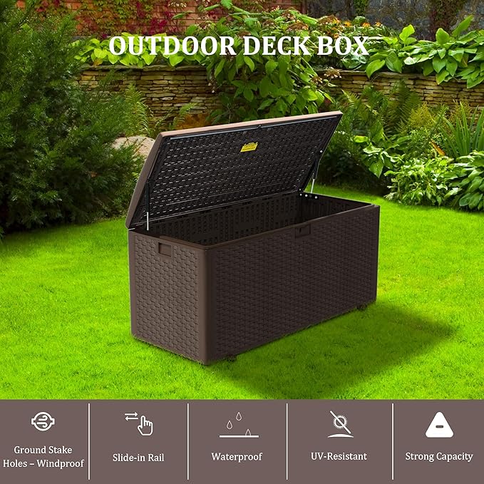 180 Gallon Pro Outdoor Storage Box Waterproof Lockable Resin Deck Box Large, Patio Storage Bin for Pool Accessories Cushion Furniture, Garden Tools, UV-Resistant Outside Delivery Brown-Ruum Studio Home