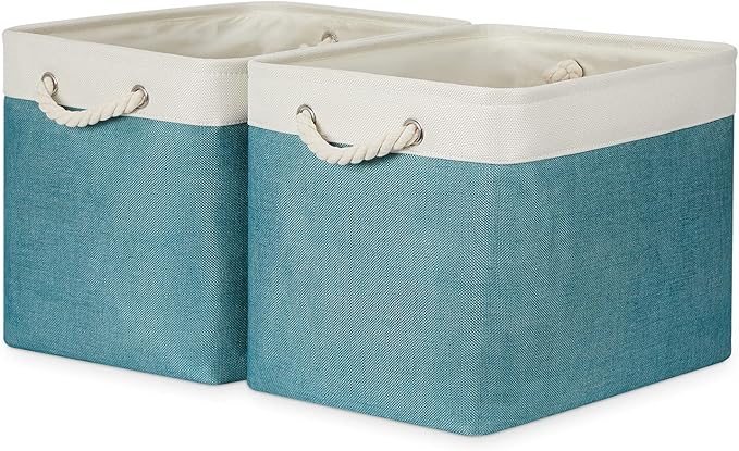 Bidtakay Foldable Storage Bins Set of 2 Tall Cloth Baskets 16" X 11.8" X 11.8" Decorative Organizers for Linen Closet (White & Teal)-Ruum Studio Home