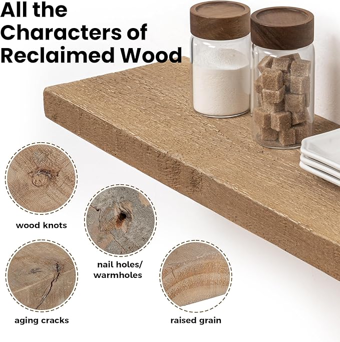 Floating Shelves - 8" Deep Rustic Reclaimed Barnwood Wall Hanging Shelves with Invisible Heavy-Duty Metal Bracket - Wall Mounted - Farmhouse Style - 48 inches, Distressed Natural-Ruum Studio Home
