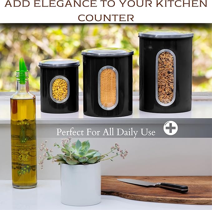 Moss & Stone 3-Piece Black Canisters Sets For The Kitchen, Airtight Canister Set With See Through Window, Storage Jars for Coffee Container, Tea Organizer & Sugar Canister, Black Kitchen Canisters-Ruum Studio Home