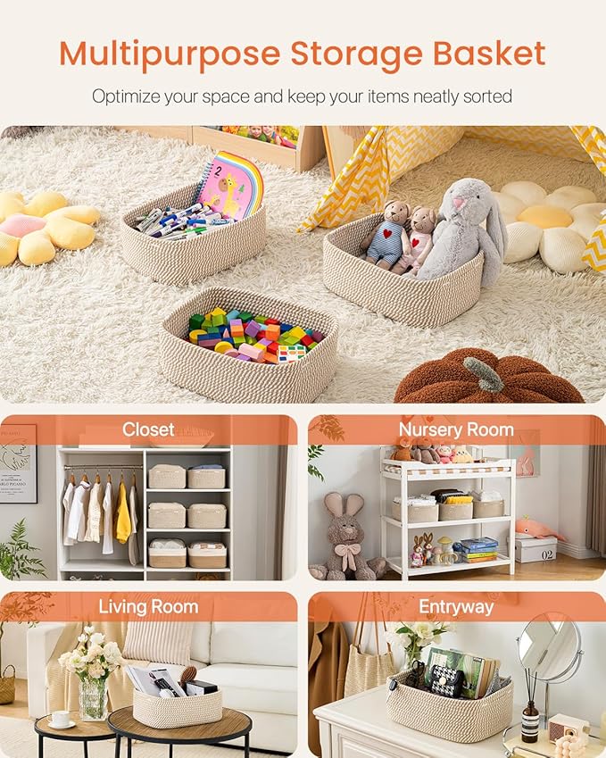 Small Woven Basket, 13.5 x 9.5 x 5 Inches, Storage Basket for Organizing, Cute Small Rope Shelf Closet Cube Storage Bins Baskets for Shelves, Dog Toy Gift Baskets Empty, 3 Pack Brown-Ruum Studio Home