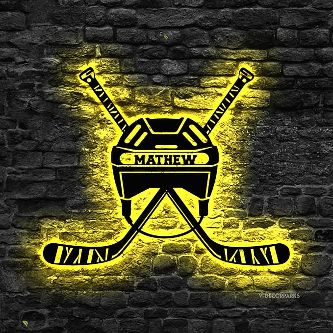 Custom Hockey LED Sign - Goalie Helmet Personalized Name Sign with Crossed Sticks, Light Up Goalie Mask Hockey Room Decor for Boys, Players, Fans-Ruum Studio Home
