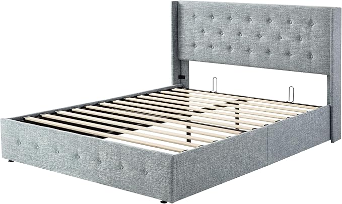 Allewie Queen Size Lift Up Storage Bed, Button Tufted Headboard with Wingback, Hydraulic Support, No Box Spring Needed, Grey Blue-Ruum Studio Home