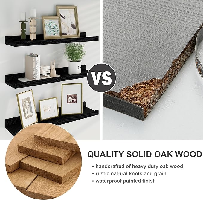 Floating Picture Ledge Shelves 36 Inch Solid Oak Wood Set of 2, Rustic Wall Storage Shelves with Lip, Kids Bookshelf, Photo & Picture Ledge Shelves for Bedroom, Living Room, Kitchen-Ruum Studio Home