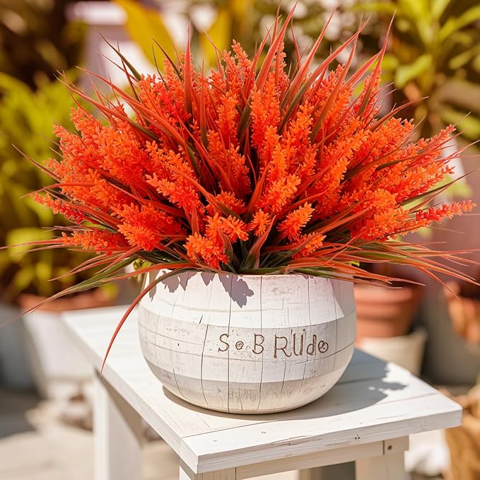 Geegoods 24 Bundles Artificial Fall Flowers Outdoor – Faux Lavender Flowers with Monkey Grass UV Resistant Plastic Faux Plants for Garden Porch Patio Home Decor, Autumn-red Color-Ruum Studio Home