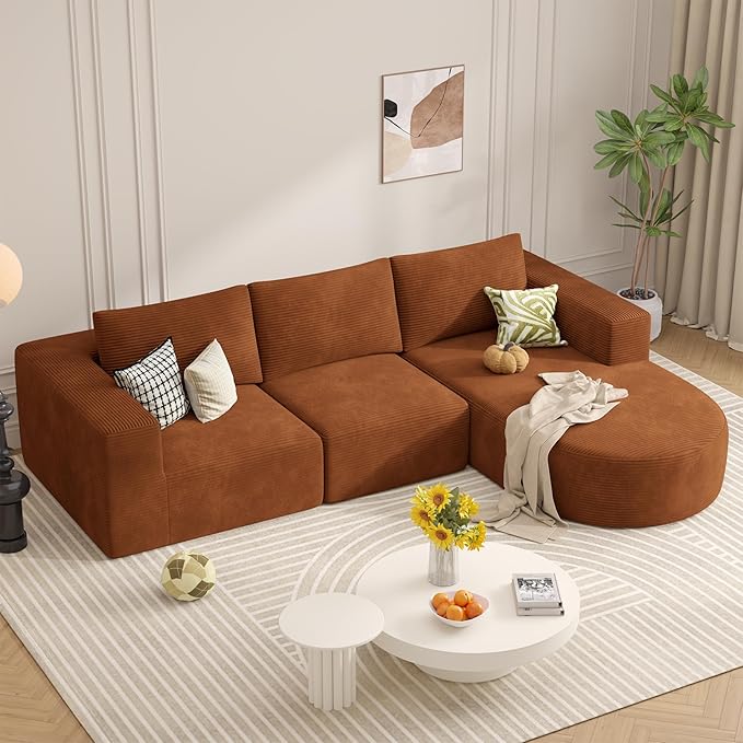 Modular Sectional Sofa with L-Shape Chaise,Cloud Sectional Modern Sleeper Couch with Deep Seat,Sponge Compression Sofas No Assembly Required(Brown-Corduroy Fabric) 1PCS-Ruum Studio Home