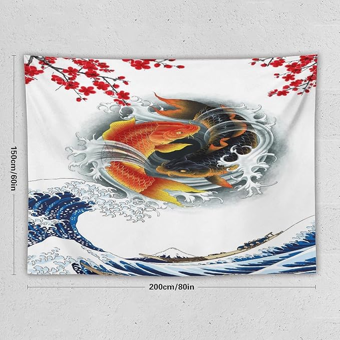 Houselerax Koi Fish Tapestry, Japanese Style Yin Yang Big Wave Cherry Blossoms Tapestries Wall Hanging for Bedroom Living Room Office Decor 80"x60"-Ruum Studio Home