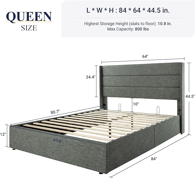 Allewie Queen Size Lift Up Storage Bed, Modern Wingback Headboard, Hydraulic Support, No Box Spring Needed, Dark Grey-Ruum Studio Home