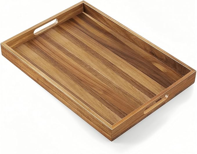 Acacia Wood Serving Tray with Handles - 17-Inch Large Wooden Tray for Ottoman - Perfect for Breakfast, Lunch, Dinner, Appetizers, Patio, Ottoman, Coffee Table,BBQ, Party – Great for Lap &Couch ﻿-Ruum Studio Home