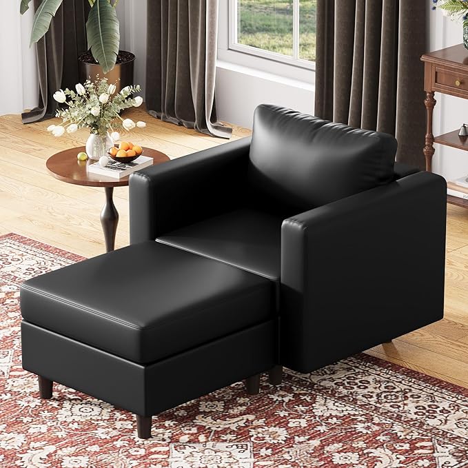Faux Leather Single Sofa with Storage Ottoman, Modern Accent Chair Deep Seat Large Reading Armchair, Chaise Lounge Chair for Living Room Bedroom Office Black-Ruum Studio Home
