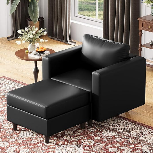 Faux Leather Single Sofa with Storage Ottoman, Modern Accent Chair Deep Seat Large Reading Armchair, Chaise Lounge Chair for Living Room Bedroom Office Black-Ruum Studio Home