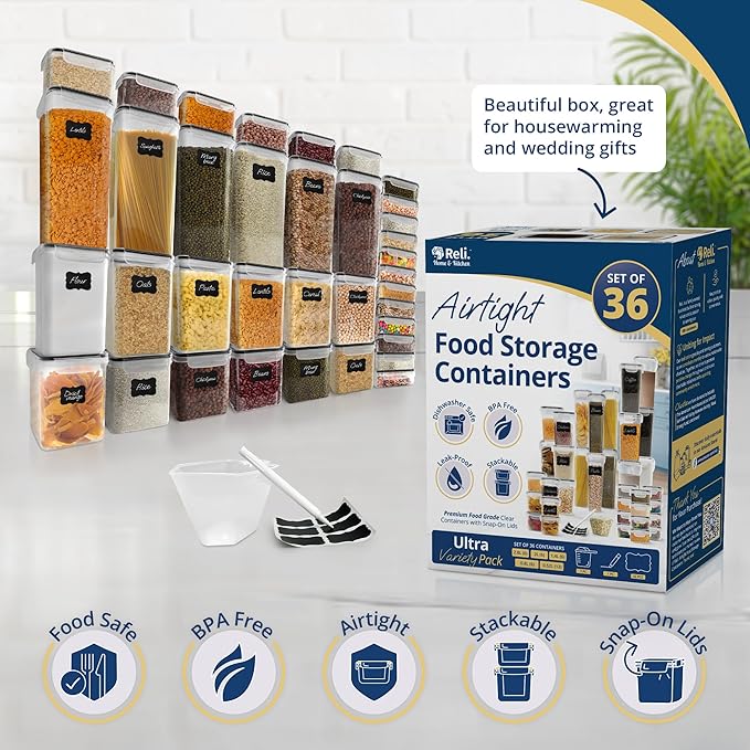 Reli. Airtight Food Storage Containers with Lids (36 Sets) | Kitchen Organizers and Storage Pantry Organizers | BPA Free Plastic Food Containers | Ultra Variety Pack w/Measuring Cup, 42 Labels, Pen-Ruum Studio Home