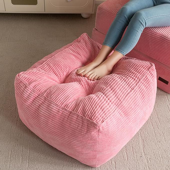 HIGOGOGO Square Stuffed Pouf Ottoman, Corduroy Poufs with Foam Chunk Filling, Furry and Fluffy Pouf Foot Stool Storage Ottoman, 25.6 X 25.6 Floor Poufs Foot Rest for Living Room, Pink-Ruum Studio Home