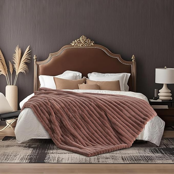 Amélie Home Faux Fur Throw Blanket for Couch, Ultra Cozy Fuzzy Fluffy Fur Luxurious Soft Striped Plush Gift Blankets for Family Sofa Chair Bed Living Room Bedroom, 60"x80", Ionic Fox Brown-Ruum Studio Home