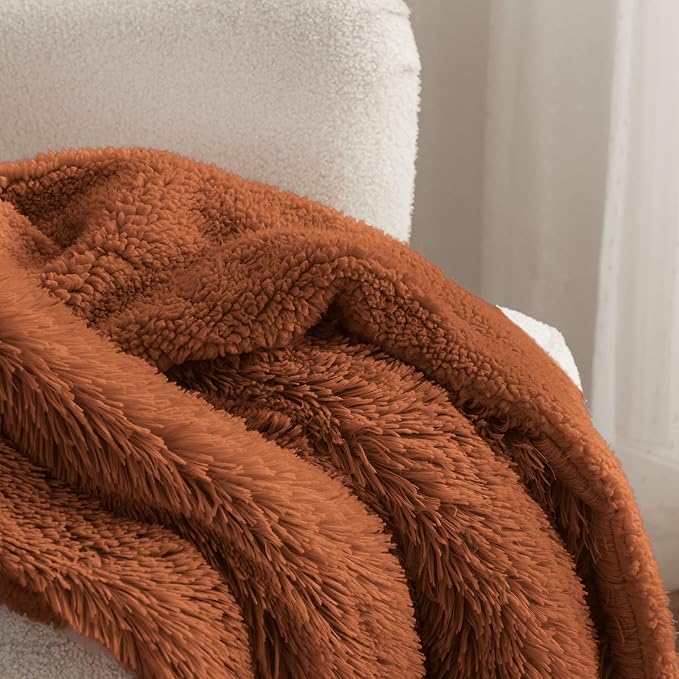 Bedsure GentleSoft Fluffy Burnt Orange Throw Blanket Fall Decorations for Home, Terracotta Blanket Fall Decor for Living Room, Soft Sherpa Fleece Fuzzy Faux Fur Plush Orange Gifts for Women, 50x60-Ruum Studio Home