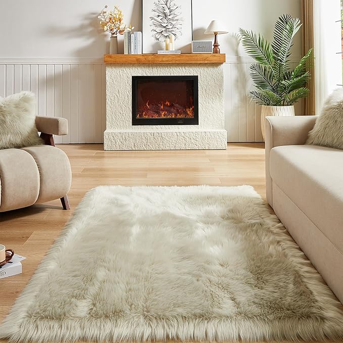 AMTOVO Faux Fur Sheepskin Rug for Living Room, 4 x 6 ft Light Grey Fluffy Area Rug for Bedroom, Playroom, Luxury Room Decor, Rectangle-Ruum Studio Home