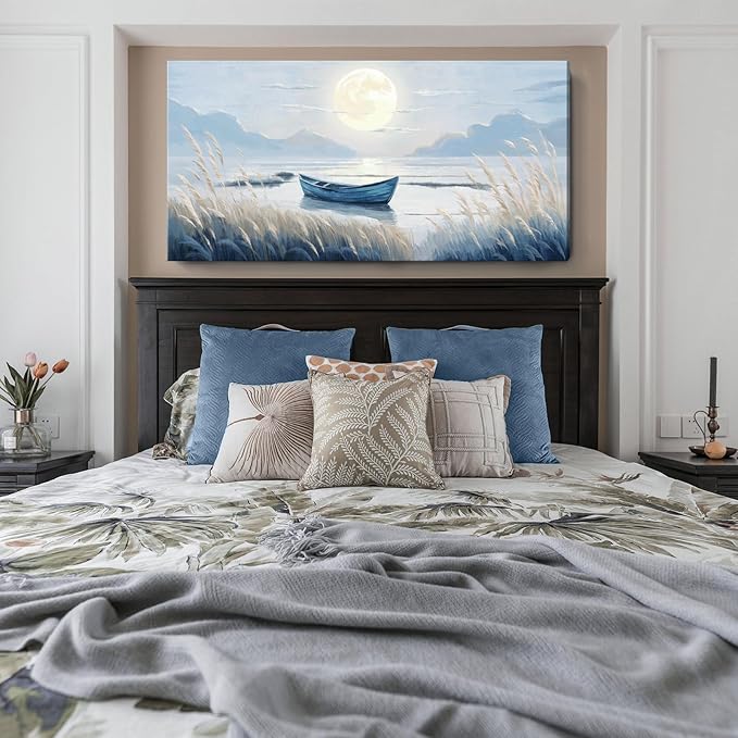 Oversized Large Living Room Wall Art, Blue Wall Decor for Bedroom, Modern Nautical Ocean Beach Seascape Nature Picture Sailboat Moon Lake Mountain Canvas Print Relaxing Serene Coastal Rustic Artwork-Ruum Studio Home