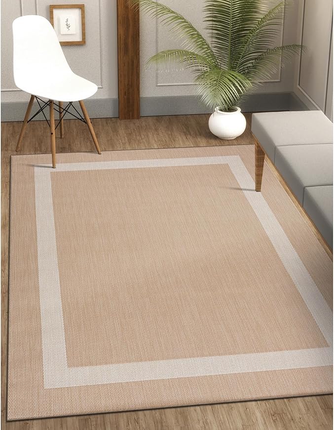 CAMILSON Outdoor Rug 6x9, Modern Outside Rugs for Patios Porches Waterproof Durable Washable Non-Shedding, Easy-to-Clean Indoor Outdoor Area Carpet (6 x 9, Bordered - Beige/White)-Ruum Studio Home
