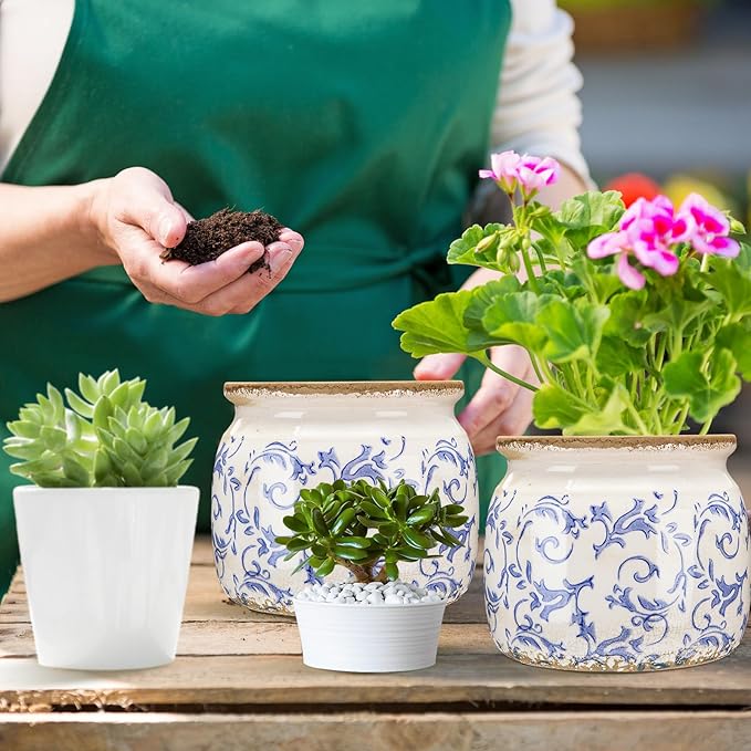 1 Pcs Vintage Planter Large Ceramic Plants Pot Blue Chinoiserie Crack Cottage Scroll Vase Flower Vase Pot Indoor Plants Home Kitchen Decor Farmhouse Antique Decorative Gift-Ruum Studio Home