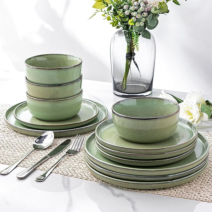 GBHOME Ceramic Dinnerware Sets for 6, 18 Pieces Stoneware Plates and Bowls Sets, Scratch Resistant Dishes, Dishwasher & Microwave Safe-Pastel Green-Ruum Studio Home