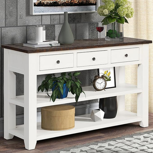 Farmhouse Wood Entryway Console Table 48-Inch Modern Sofa Entry Table with Drawers and Storage Shelves for Entrance Living Room (Antique White)-Ruum Studio Home