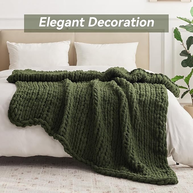 Chunky Knit Throw Blanket, 40''*50'' Knitted Throw Chenille Yarn for Bed Couch, Handmade Green Crochet Big Thick Blanket, Machine Washable Cute Comfy Blanket for Home Decor-Ruum Studio Home