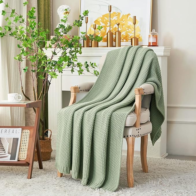 Chunky Cable Knit Throw Blanket Lightweight Light Green 100% Organic Cotton Blanket for Sofa Couch Bed Baby Nursery, Rustic Shabby Chic Modern Farmhouse, 51” x 63” Bonus Laundering Bag-Ruum Studio Home
