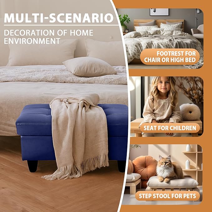 Ottoman Rectangular Storage Ottoman Bench, Faux Leather Footrest, Coffee Table, Stool Footstool with Hinged Lid for Living Room, Bedroom, Entryway, Blue, 35"x23.5"x17.5"-Ruum Studio Home