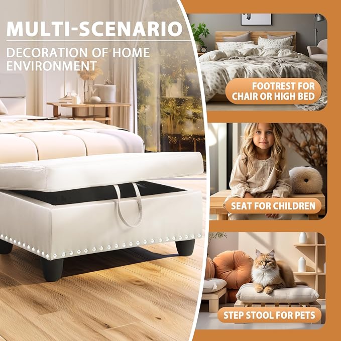 Ottoman Rectangular Storage Ottoman Bench, Faux Leather Footrest, Coffee Table, Stool Footstool with Hinged Lid for Living Room, Bedroom, Entryway, White, 28.5"x19"x17.5"-Ruum Studio Home